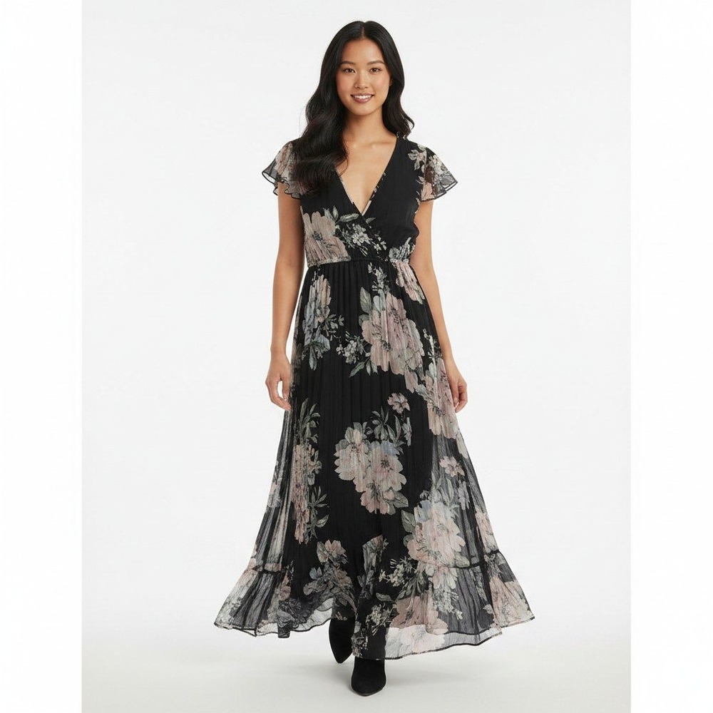 Floral Chiffon Maxi Dress Small Black Flutter Sleeve Romantic Boho Whimsigoth